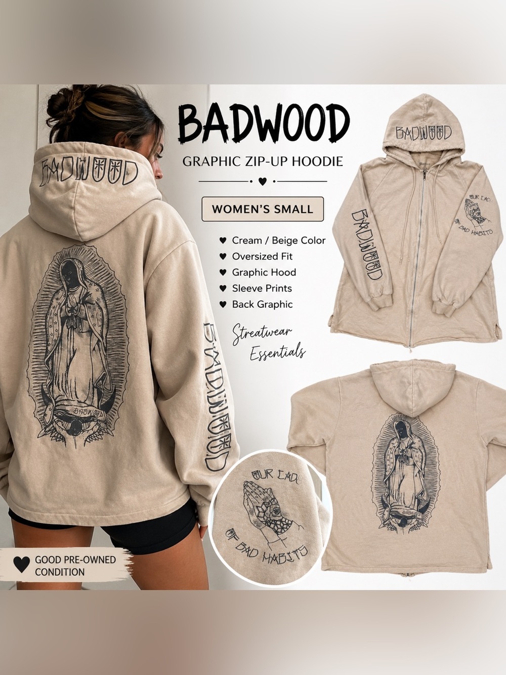 Badwood Women’s Small Graphic Zip Up Hoodie Cream Beige Streetwear Prayer Hands
